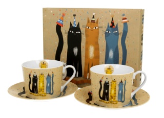 Komplet dwie filiżanki ze spodkami party koty na urodziny