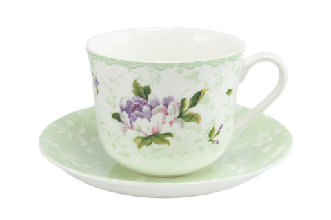 Komplet filiżanka jumbo spodek do kawy herbaty kwiaty zielone