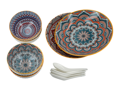 Zestaw 4 miseczki talerze łyżeczki do sushi dla 4 osób geo