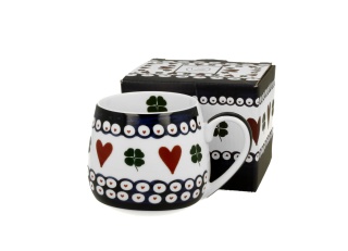 Kubek beczułka do kawy indigo 3 na prezent serce koniczyna