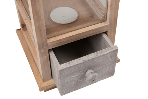 Szary lampion stojący drewniany latarnia z szufladką 50 cm