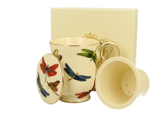 Komplet kubek z sitkiem do herbaty ważki ecru na urodziny