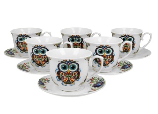 Zestaw 6 filiżanek spodki sowa etno na urodziny duo sówki