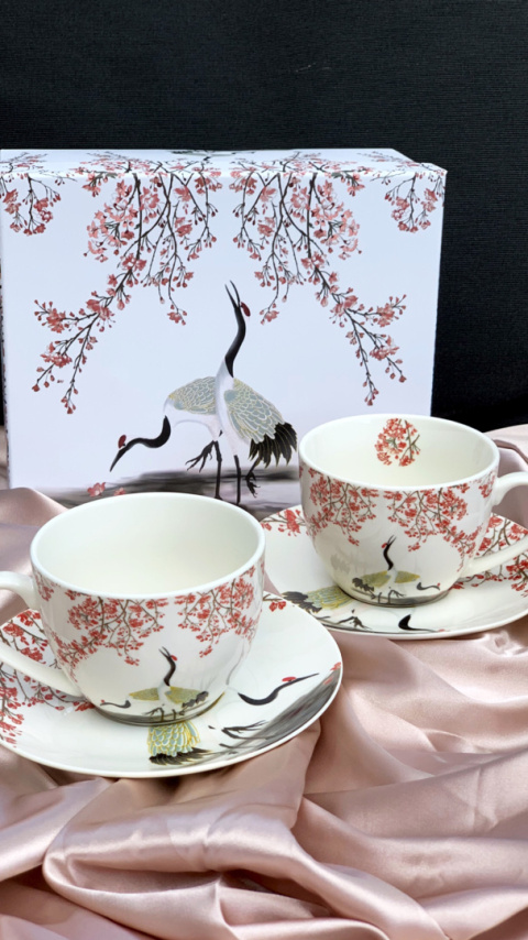 Zestaw 2 filiżanki ze spodkami Sakura i żurawie na prezent