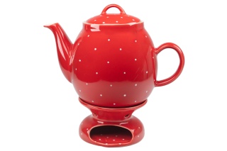 Dzbanek w kolorze czerwonym z podgrzewaczem w groszki