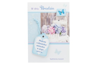 Kartka okazjonalna karnet z błękitną kopertą życzenia kwiaty