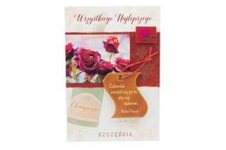 Kartka okazjonalna karnet z różową kopertą z życzeniami róże