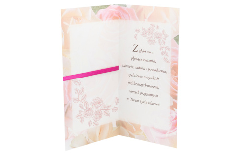 Kartka okazjonalna karnet z życzeniami kopertą wstążka malina