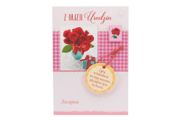 Kartka urodzinowa karnet z czerwoną kopertą życzenia róże
