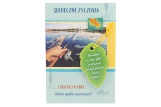 Kartka urodzinowa karnet z żółtą kopertą życzenia wędkarz