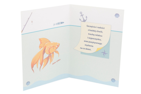 Kartka urodzinowa karnet z żółtą kopertą życzenia wędkarz