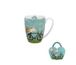 Klasyczny kubek do kawy prezent koci świat w koszyczku rower