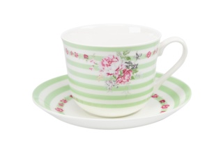 Komplet filiżanka jumbo spodek do kawy na prezent zielone pasy