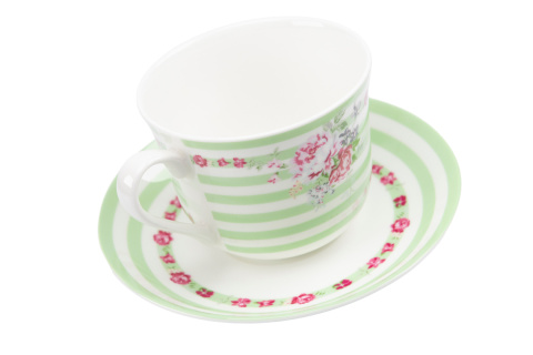 Komplet filiżanka jumbo spodek do kawy na prezent zielone pasy