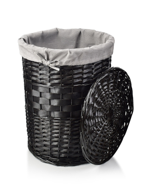 Kosz na bieliznę wiklinowy okrągły czarny z pokrywką XL pino