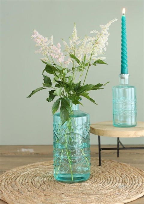 Szklana butelka niebieska wazon ozdoba świecznik 21 cm blue