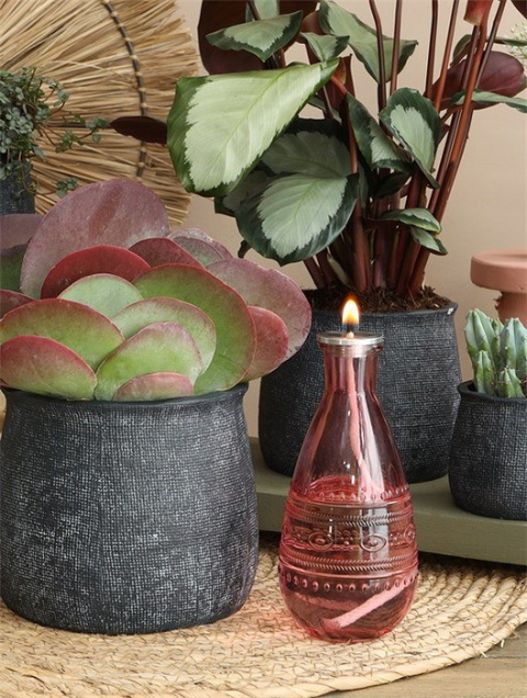 Szklana butelka różowa wazon świecznik 16cm na kwiaty pink