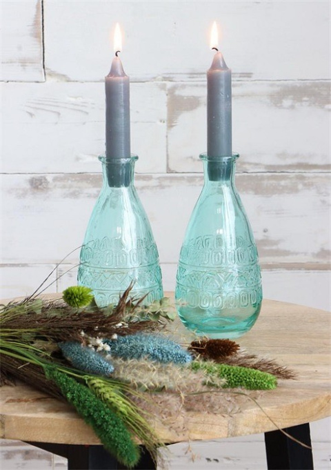 Szklana butelka niebieska wazon świecznik 16cm do pokoju