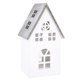 Biały szary lampion drewno oświetlenie led domek na święta