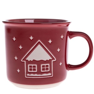 Ceramiczny kubek czerwony domek tłoczony na święta przeznt