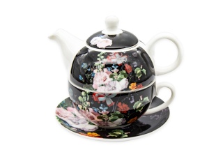 Komplet filiżanki z imbrykiem tea for one kwiaty czarne tło