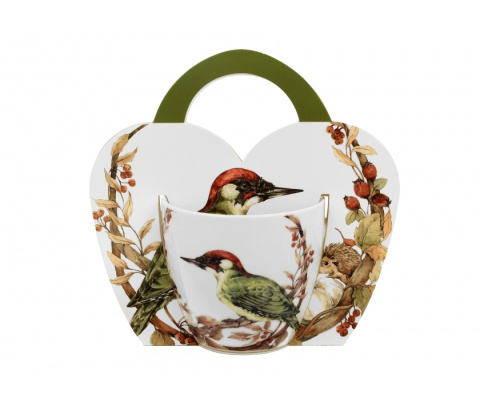 Kubek do herbaty kawy malowany dzięcioł w koszyczku ptak