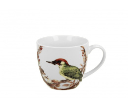 Kubek do herbaty kawy malowany dzięcioł w koszyczku ptak