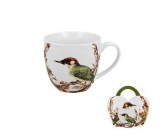 Kubek do herbaty kawy malowany dzięcioł w koszyczku ptak