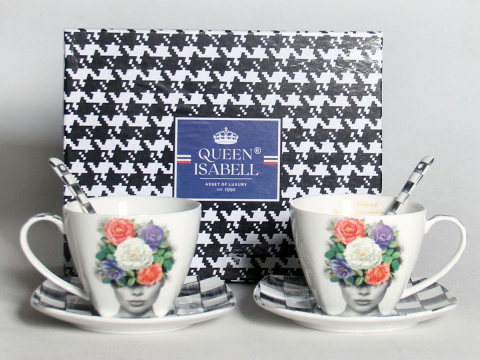 Zestaw 2 filiżanki w pudełku Queen Isabell łyżeczki floral