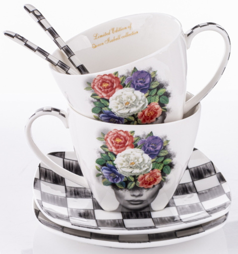 Zestaw 2 filiżanki w pudełku Queen Isabell łyżeczki floral