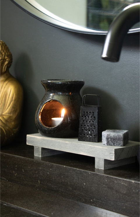 Zestaw czarny kominek wosk tarka podstawka ceramika marmur