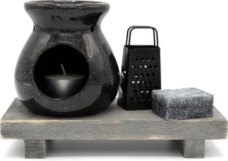 Zestaw czarny kominek wosk tarka podstawka ceramika marmur
