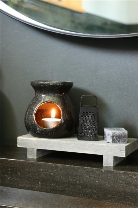 Zestaw czarny kominek wosk tarka podstawka ceramika marmur