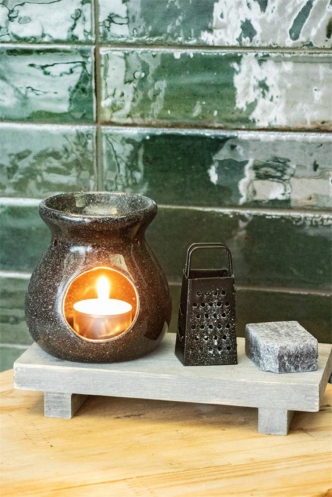 Zestaw czarny kominek wosk tarka podstawka ceramika marmur