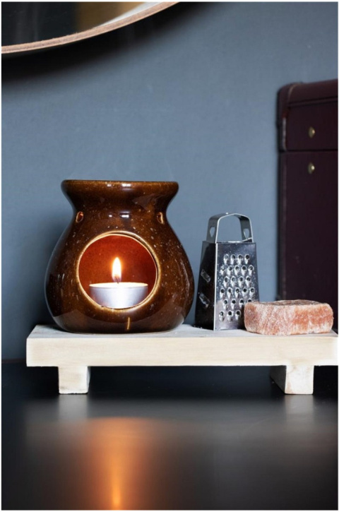 Zestaw kominek brązowy wosk tarka podstawka ceramika amber