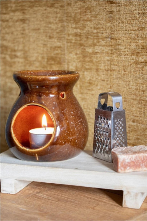 Zestaw kominek brązowy wosk tarka podstawka ceramika amber