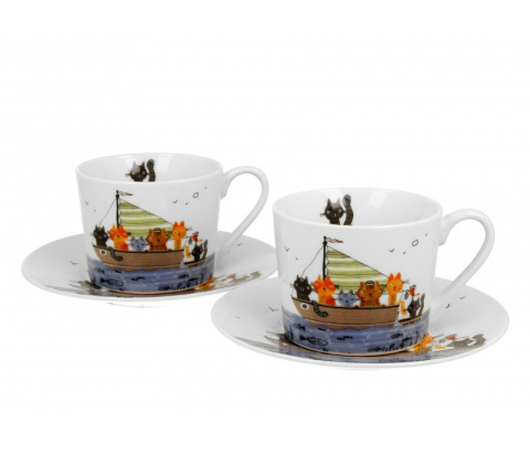 Komplet dwie filiżanki spodki koci świat marynarze koty