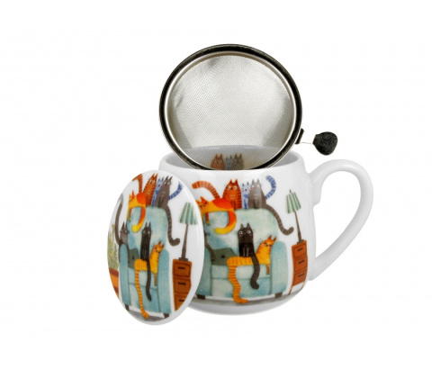 Komplet kubek z zaparzaczem koci świat koty na fotelu