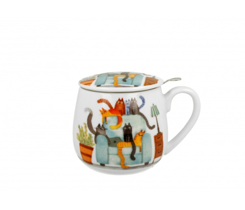 Komplet kubek z zaparzaczem koci świat koty na fotelu