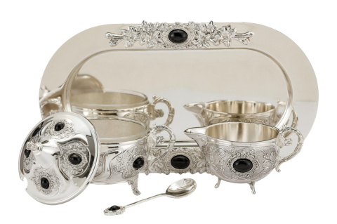 Komplet srebrny cukiernica z łyżeczką mlecznik tacka