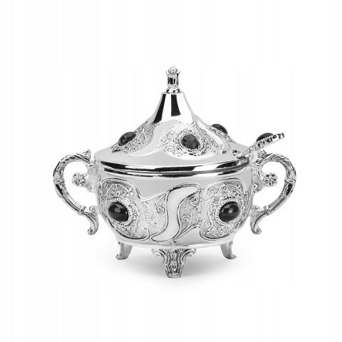 Komplet srebrny cukiernica z łyżeczką mlecznik tacka