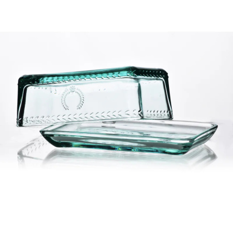 Szklana maselnica maselniczka na masło tłoczona do kuchni