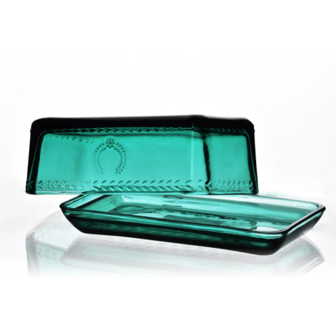 Szklana maselnica maselniczka na masło tłoczona zielona