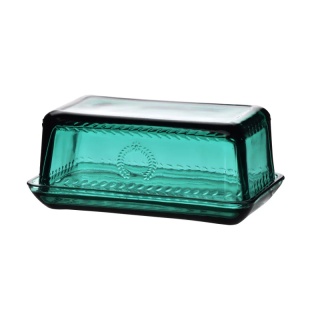 Szklana maselnica maselniczka na masło tłoczona zielona