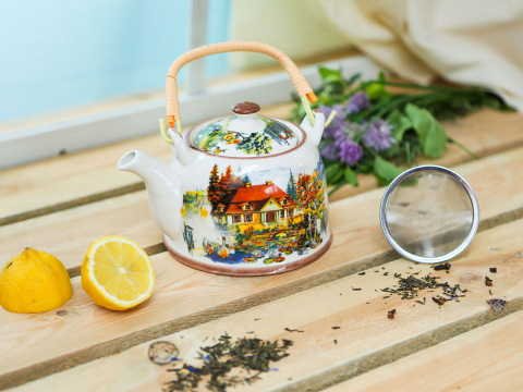 Komplet dzbanek czajnik ceramiczny z sitkiem dworek dom