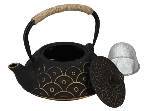 Czarny złoty dzbanek żeliwny do herbaty z zaparzaczem 0,8l