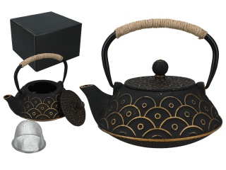 Czarny złoty dzbanek żeliwny do herbaty z zaparzaczem 0,8l