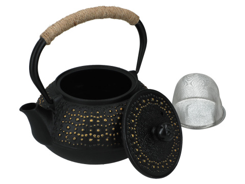 Czarny złoty dzbanek żeliwny do herbaty z zaparzaczem 0,9l