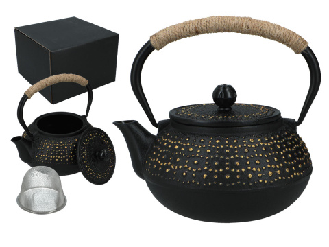 Czarny złoty dzbanek żeliwny do herbaty z zaparzaczem 0,9l