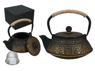 Czarny dzbanek żeliwny do herbaty zaparzacz 0,8l ornament